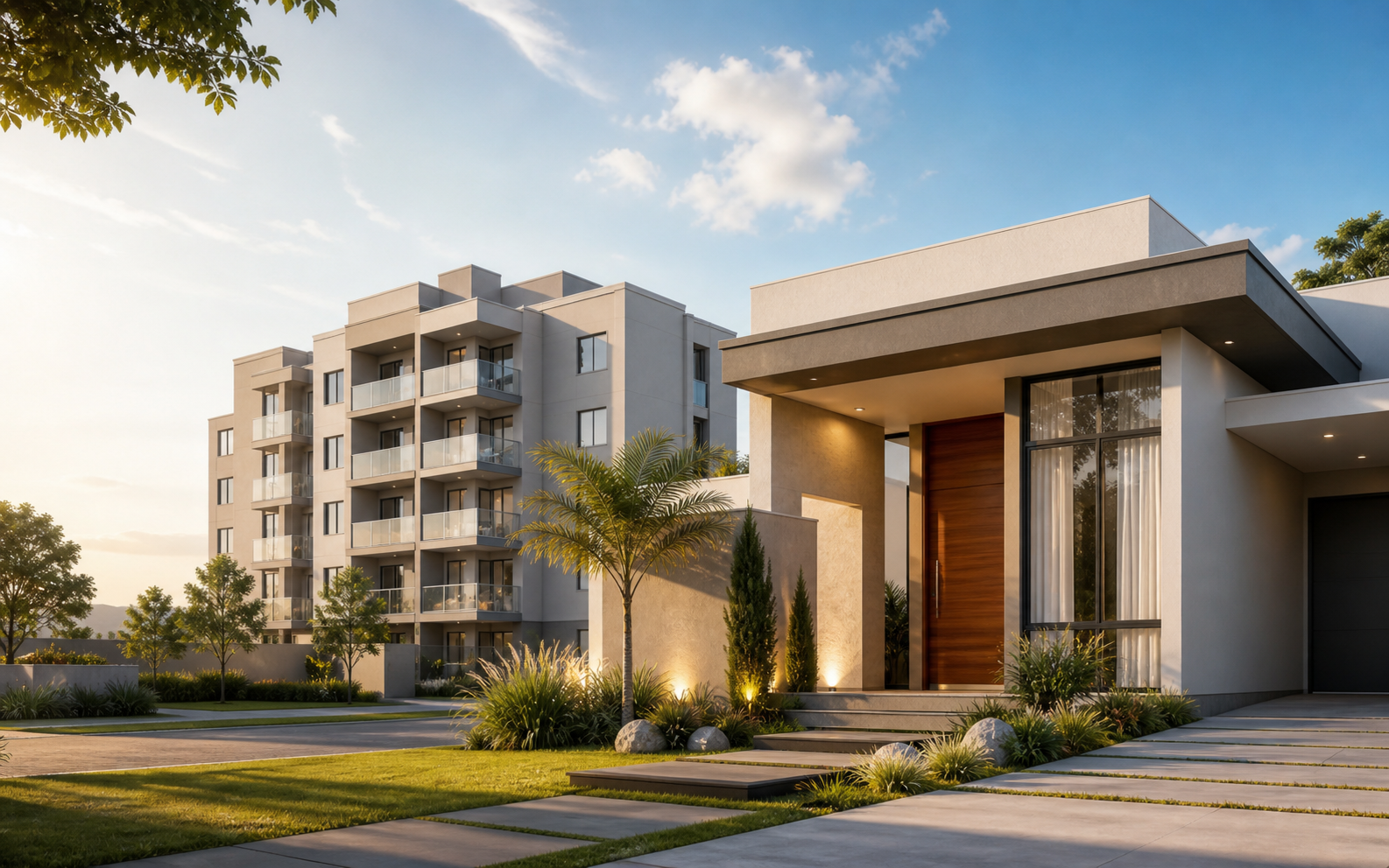 Casa moderna com prédio residencial ao fundo